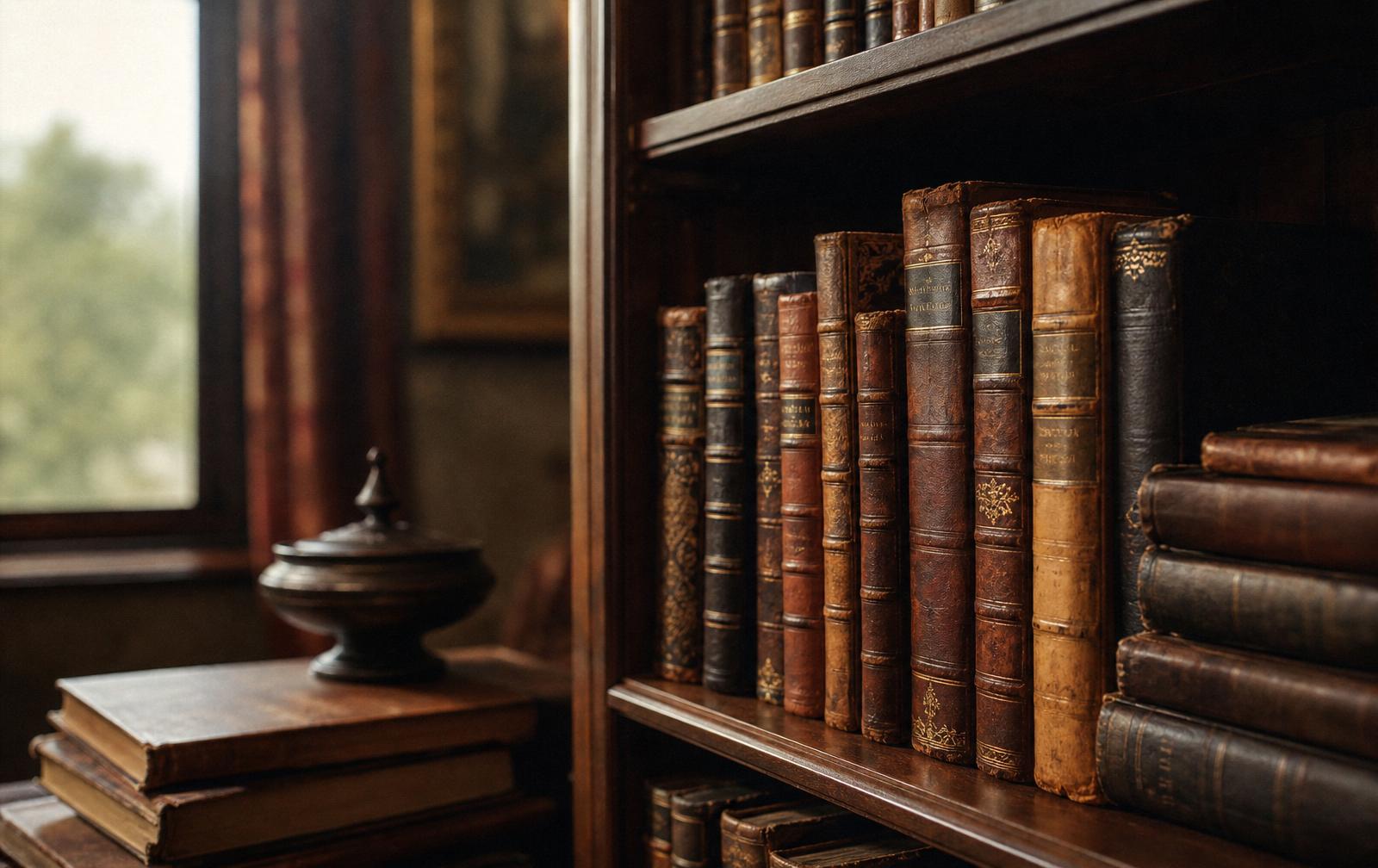 Libros antiguos encuadernados en cuero sobre una estantería de madera junto a una ventana iluminada