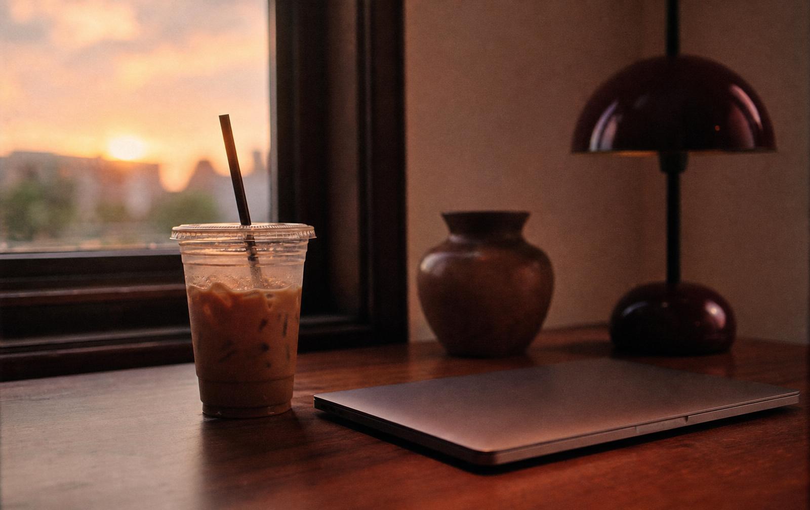 Cold coffee beside a closed laptop on a warm wooden desk at dusk