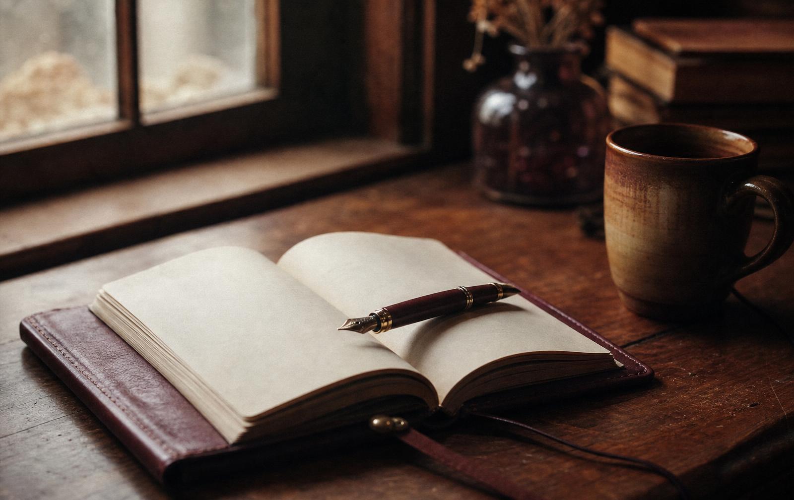 Un cuaderno de cuero abierto y una pluma estilográfica junto a una taza de cerámica bajo luz suave