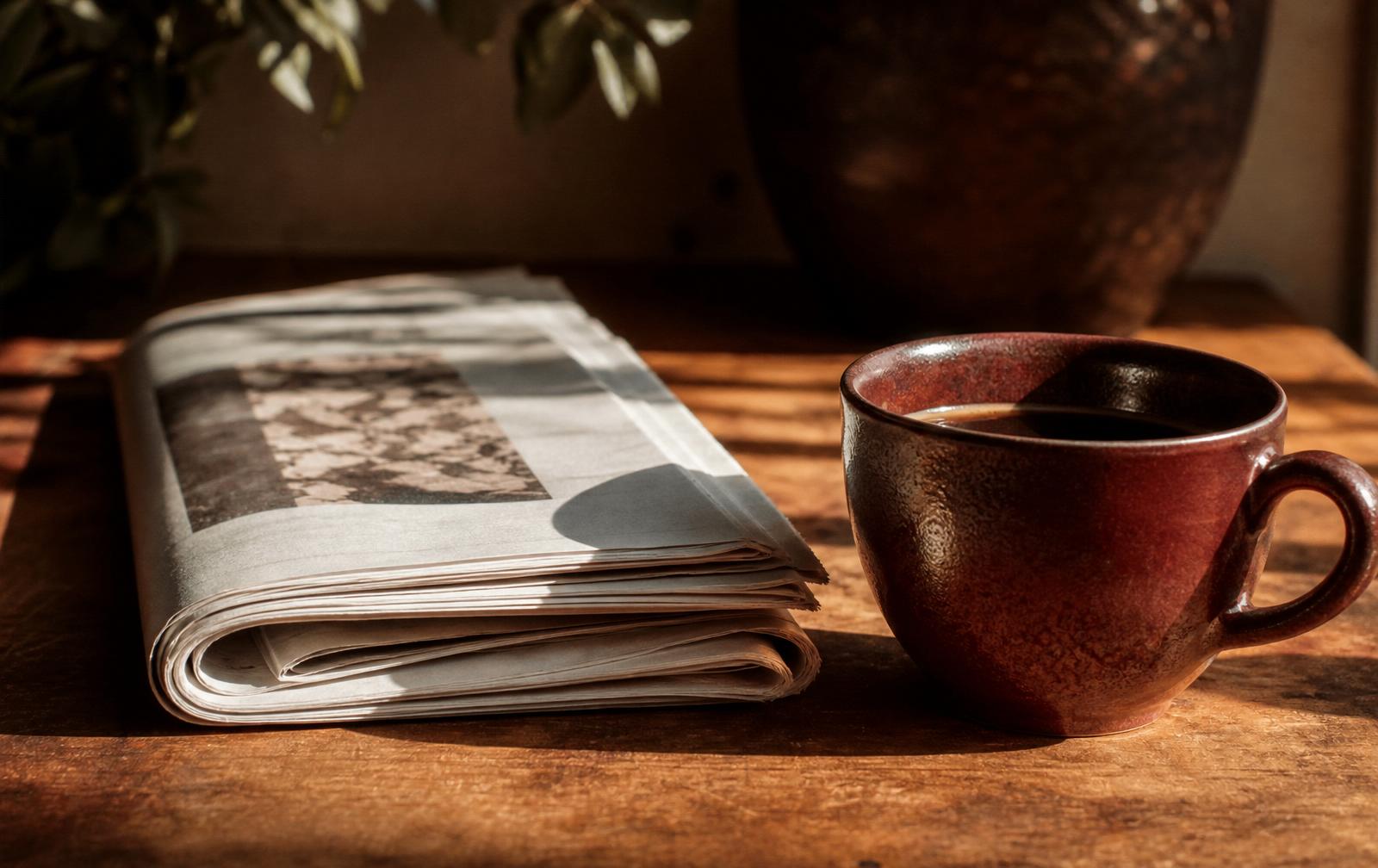 A folded newspaper beside a steaming ceramic coffee cup on a wooden table