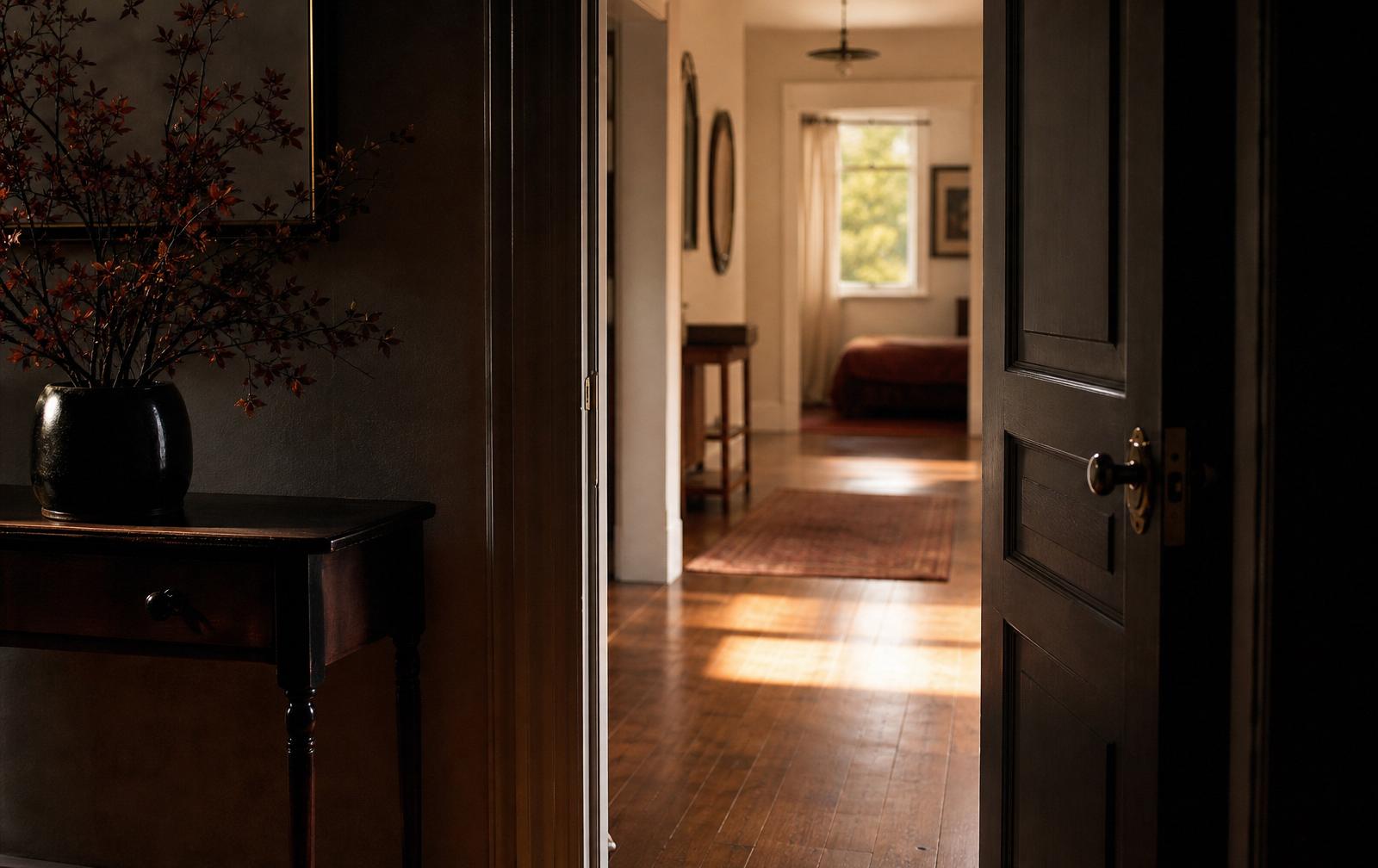 An open interior door onto a sunlit hallway