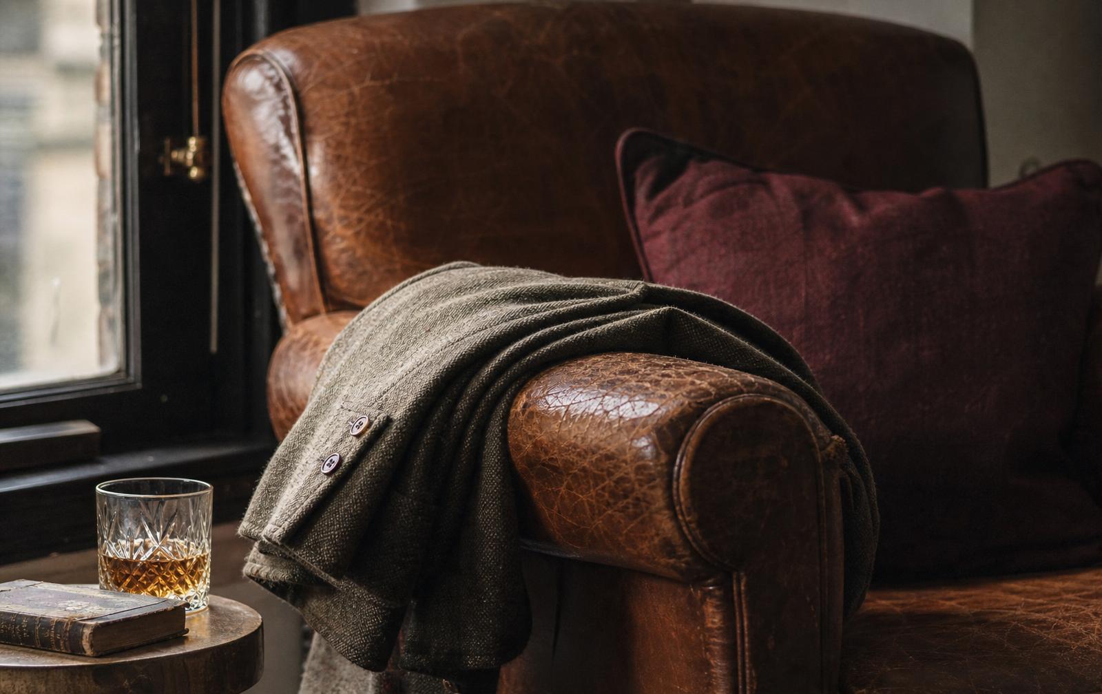 Worn leather armchair with a folded jacket by a window
