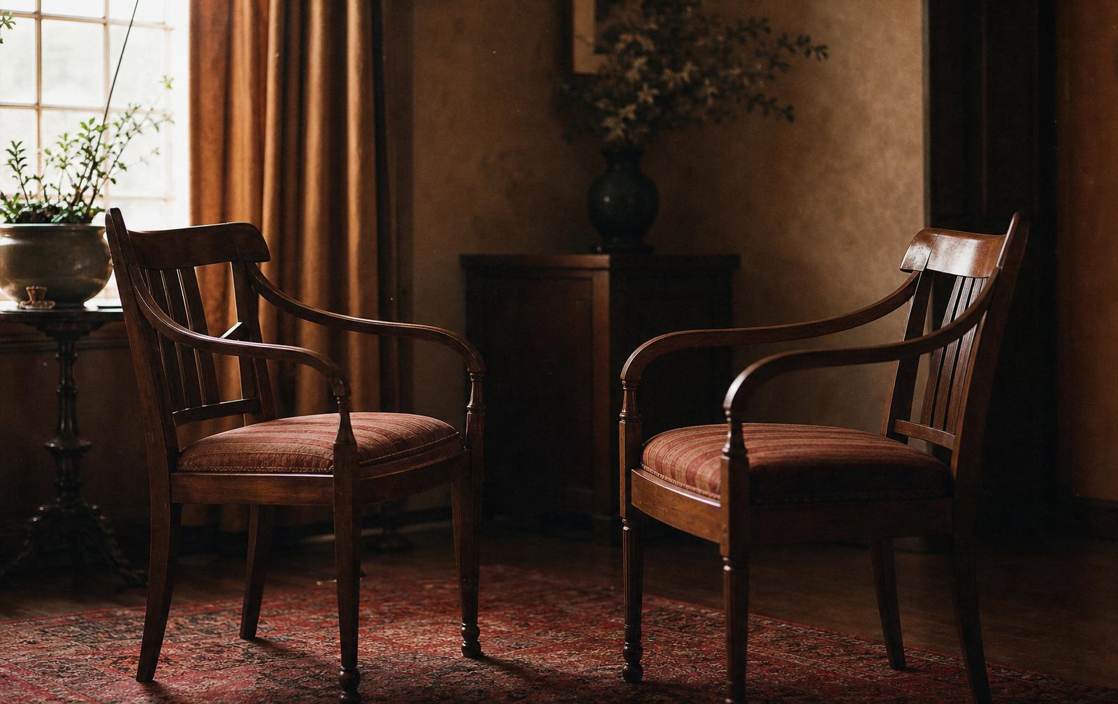 Two facing wooden armchairs with red upholstery in a warm sunlit sitting room
