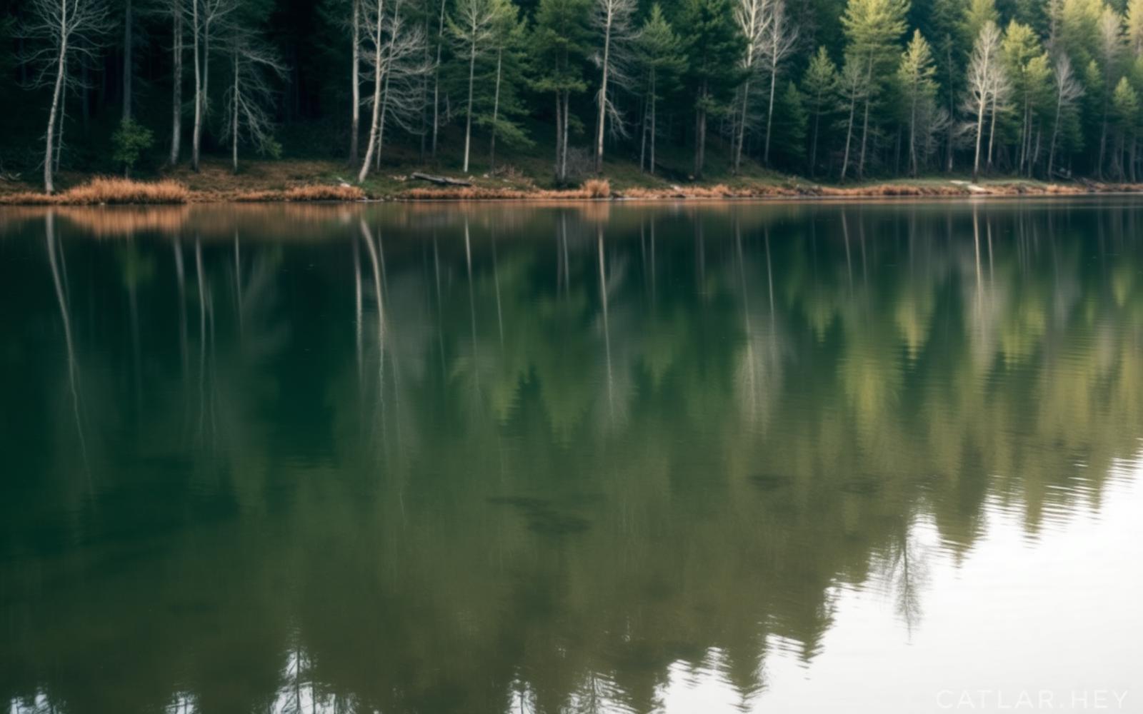 Still glassy water at the edge of a forest with the trees mirrored on the surface