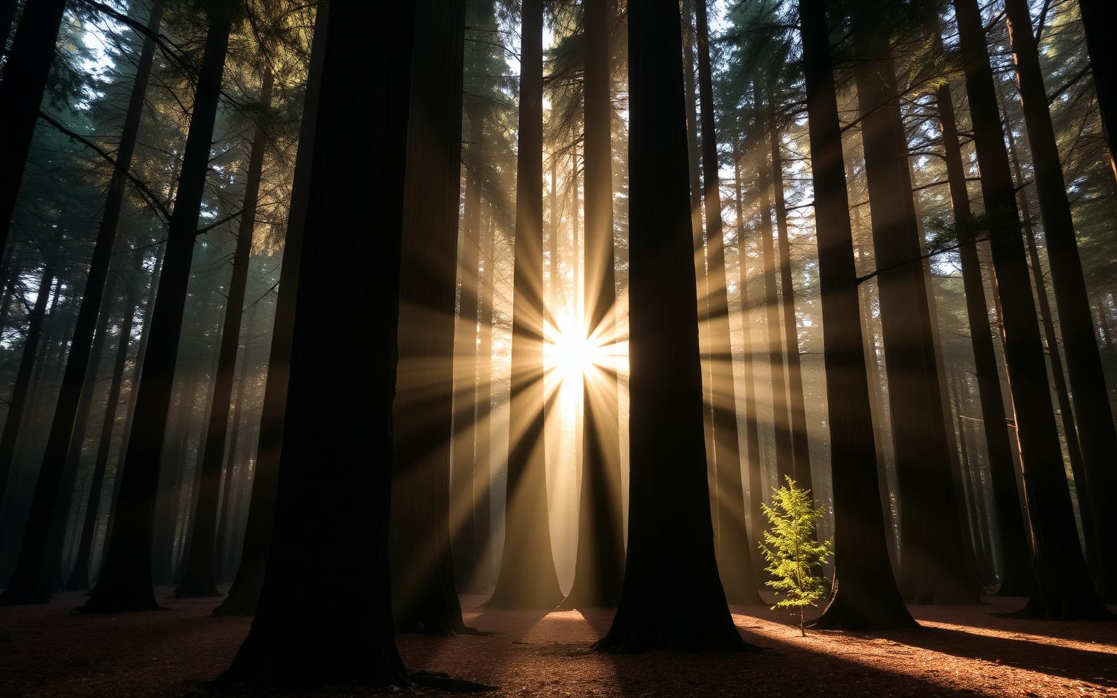 Early morning sun streaming through the trunks of a stand of tall coast redwoods with mist between the trees
