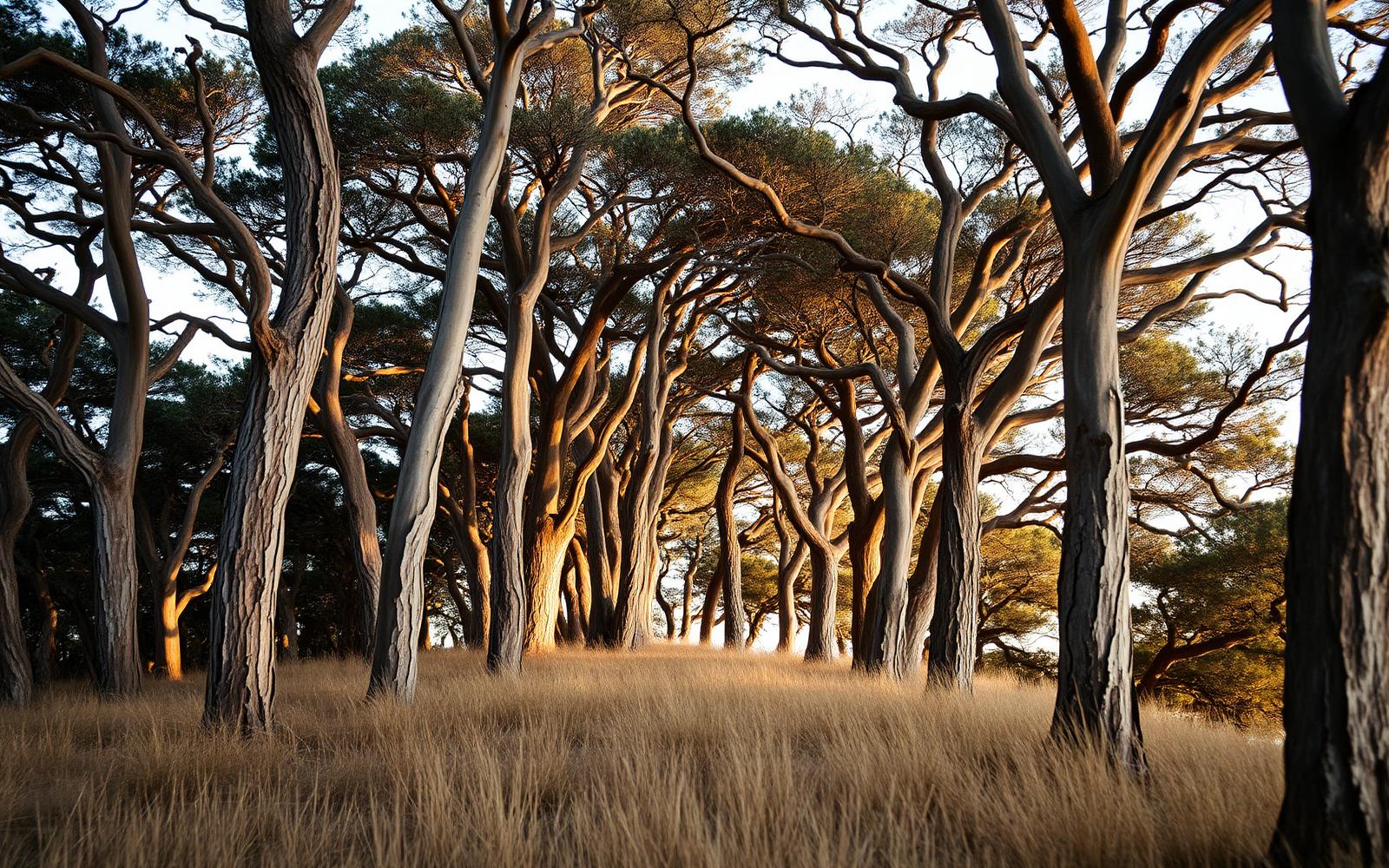 Eucalyptus grove on a coastal bluff with warm afternoon light filtering through tall peeling trunks