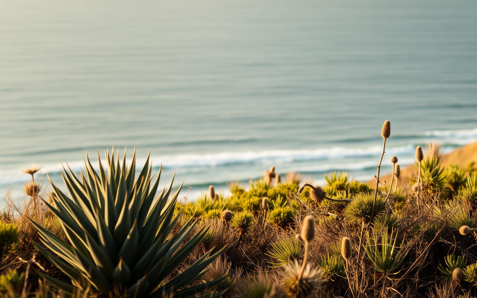 Coastal sage scrub on a Torrey Pines style bluff with agave and buckwheat above the Pacific
