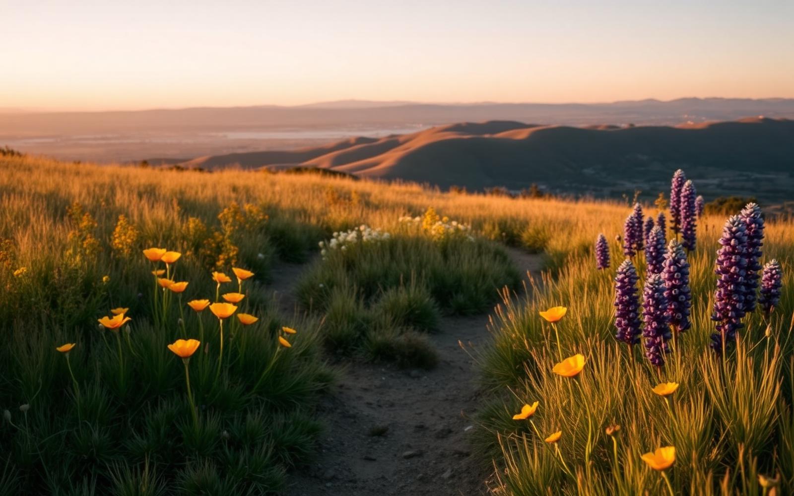 A South Bay foothill trail through spring poppies and lupine with the Santa Cruz mountains on the horizon